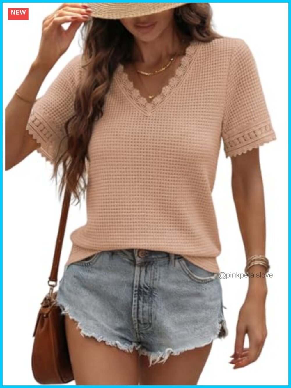 Waffle Knit V Neck Short Sleeve Lace Patchwork Tunic Top Women's